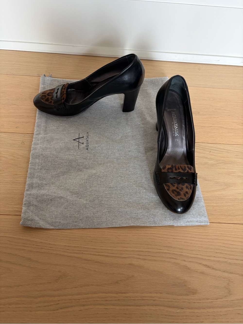 Aquatalia Black Leather Heels with Leopard Toe Accent